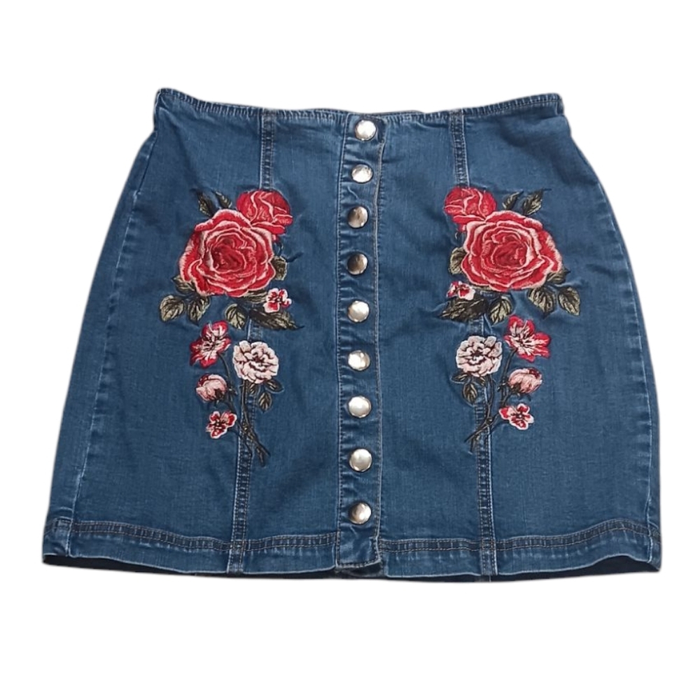 PacSun Y2K Button Down Embroidered Denim Skirt with Floral Design Size S (26)